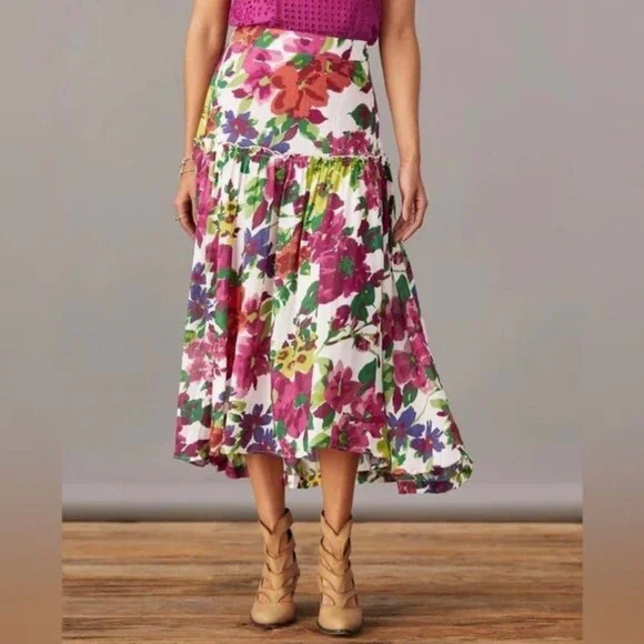 Sundance Bella Rose Floral Skirt Large Tiered Lined Midi Skirt Boho Cotton - Picture 2 of 8